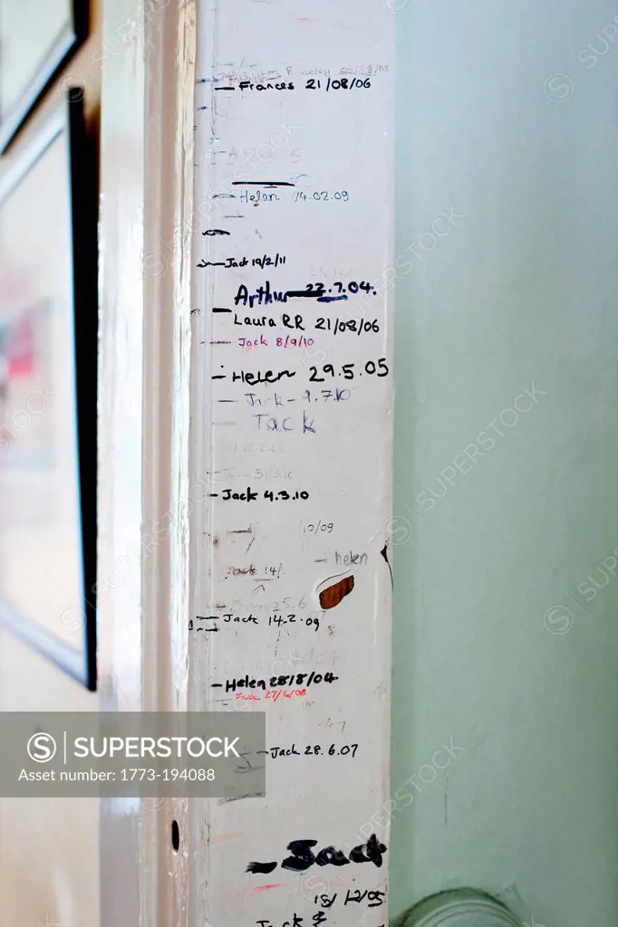 Height chart written on door frame in house