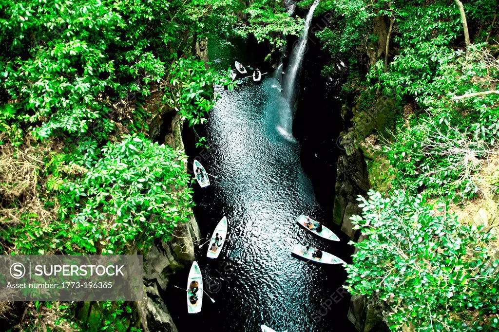 People in boats, Takachiho falls, Miyazaki, Kyushu, Japan