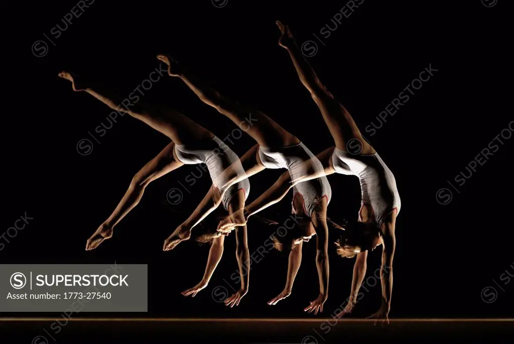 multiple images of gymnast on beam