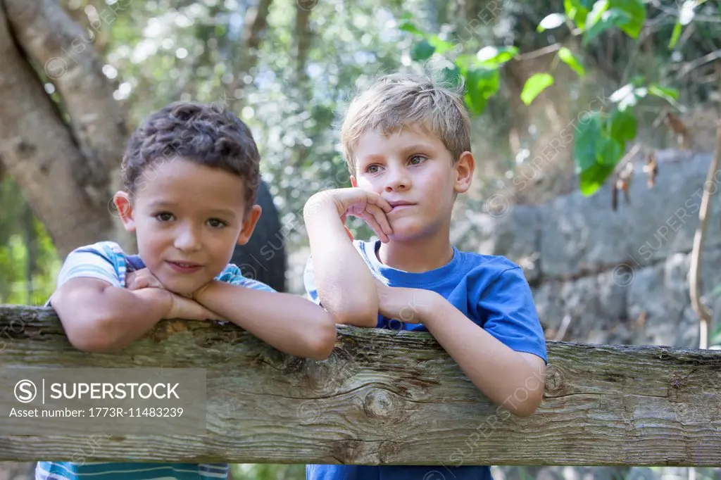 Portrait of two boys leaning on garden fence