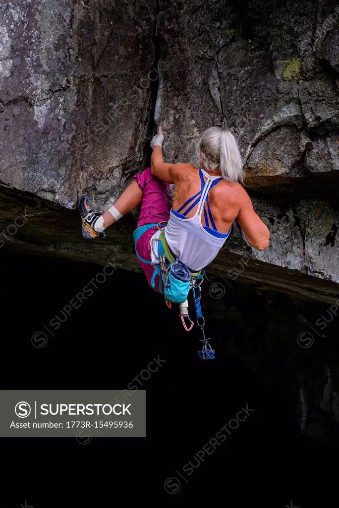 Trad climbing roof of My Little Pony route in Squamish, Canada