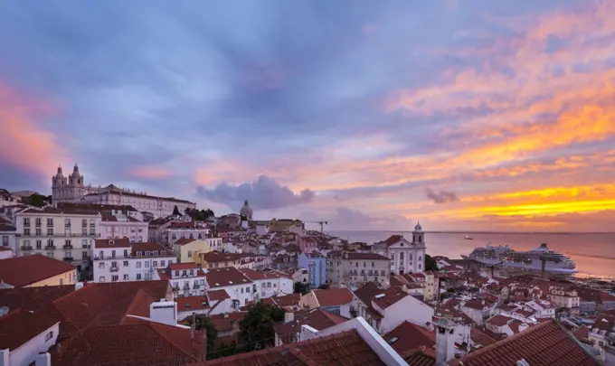 Alfama district at sunset, Lisbon, Portugal