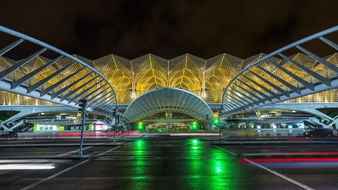 Oriente Station, International Convention Center at night, Lisbon, Portugal