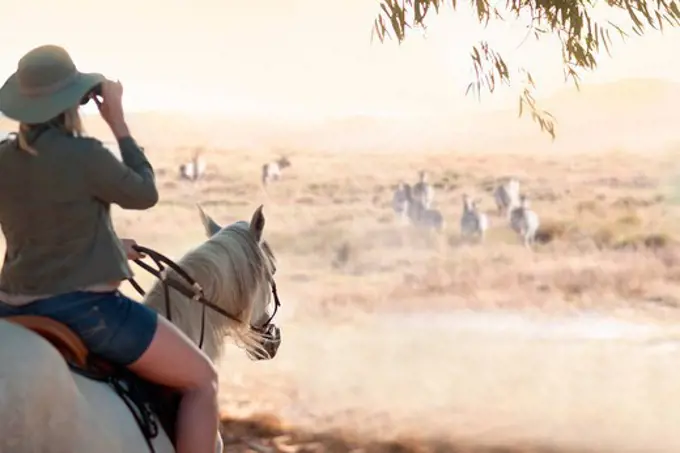 Woman on horse watching wildlife, Stellenbosch, South Africa