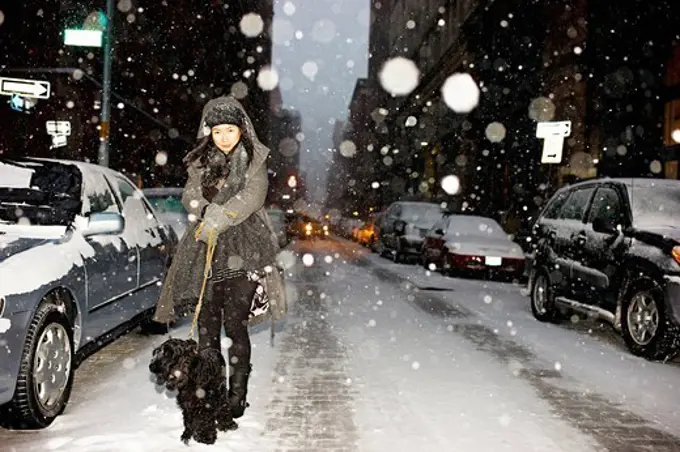 Woman walking dog in snow, New York City, USA