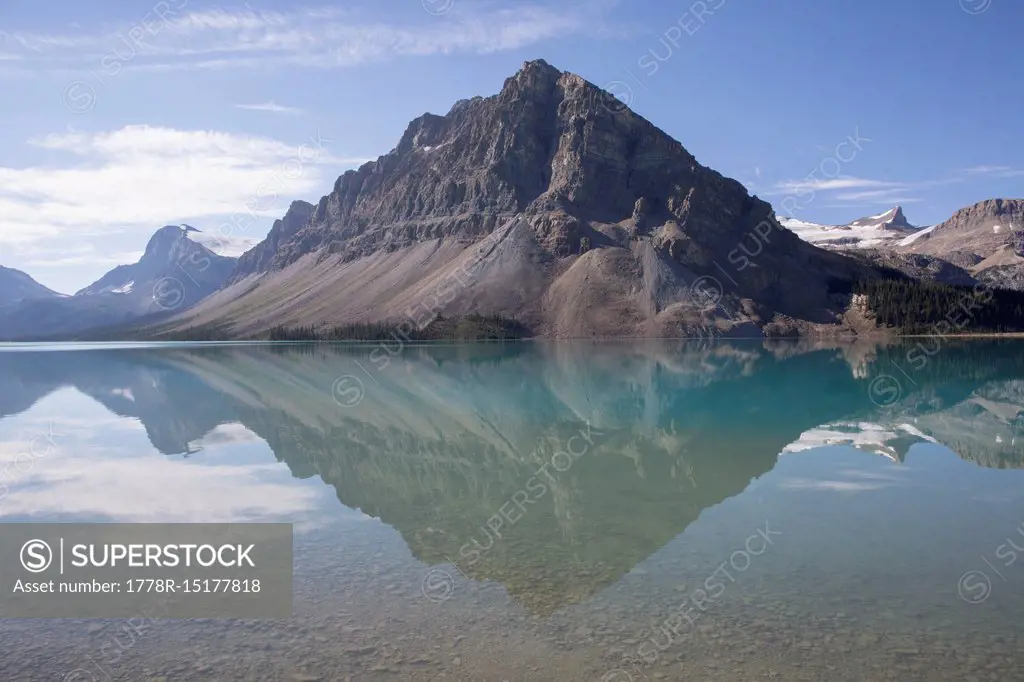 Reflection of mountain and ranges in Bow Lake