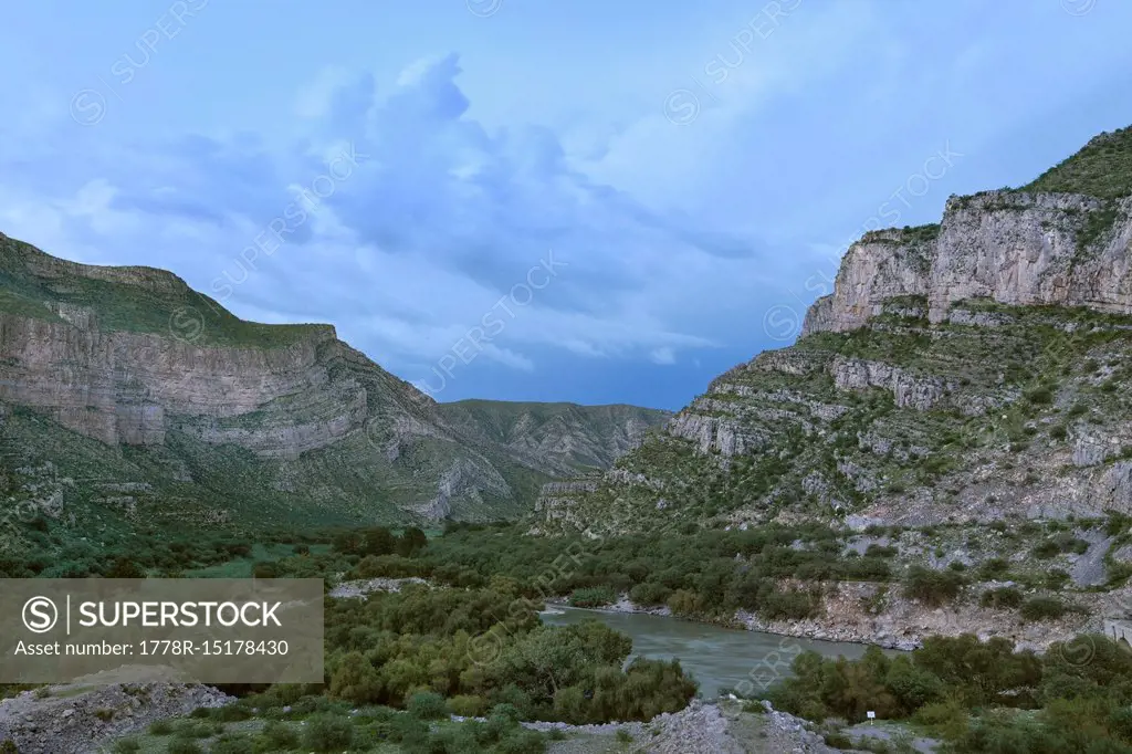 View of Nazas River at dusk in area of Canon de Fernandez in Durango, Mexico