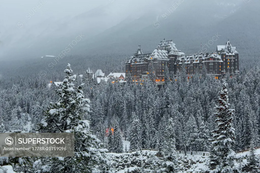 Banff Springs Hotel and river, winter