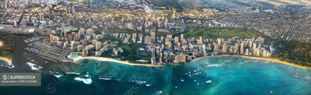 A view of Waikiki in Honolulu, from high up in a passenger plane.