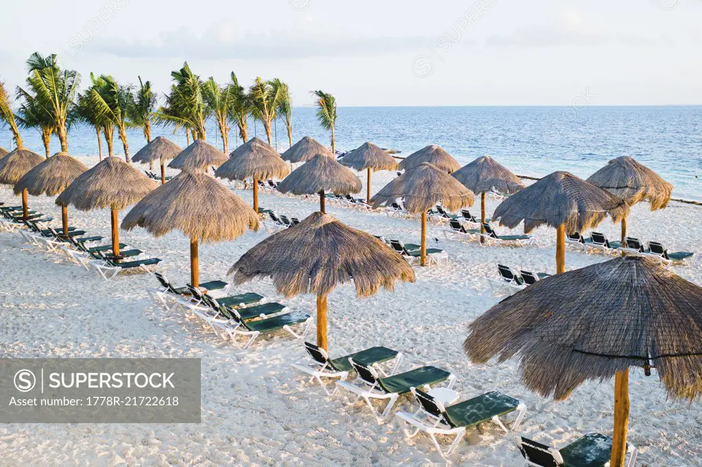 Tropical beach with palm trees, thatched umbrellas and lounge chairs, Cancun, Mexico