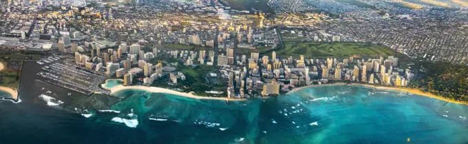 A view of Waikiki in Honolulu, from high up in a passenger plane.