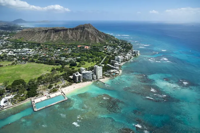 Aerial view coastline with Diamond Head and east end of Waikiki, Honolulu, Hawaii, USA