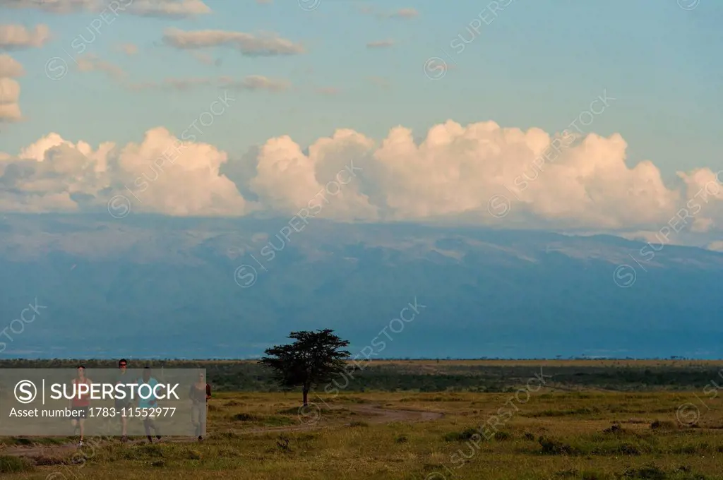 Guide and tourists on run along track with Mt Kenya behind, Ol Pejeta Conservancy; Kenya