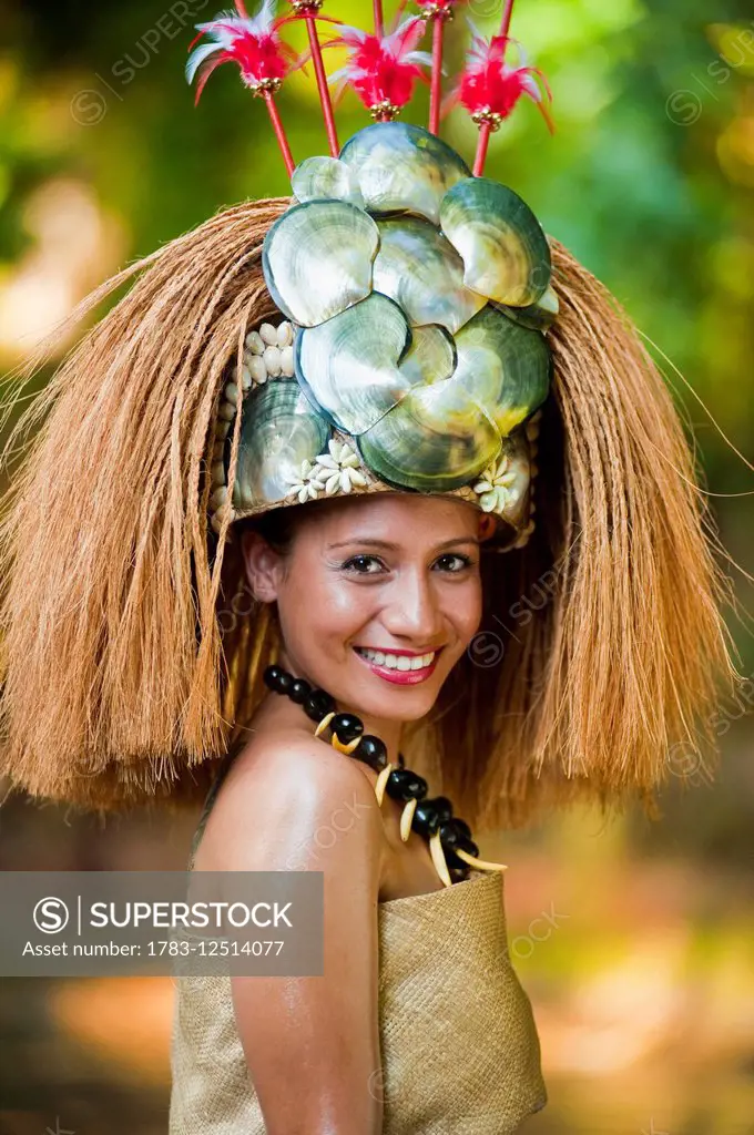 Traditional headress worn by young Samoan woman; Upulu Island, Samoa