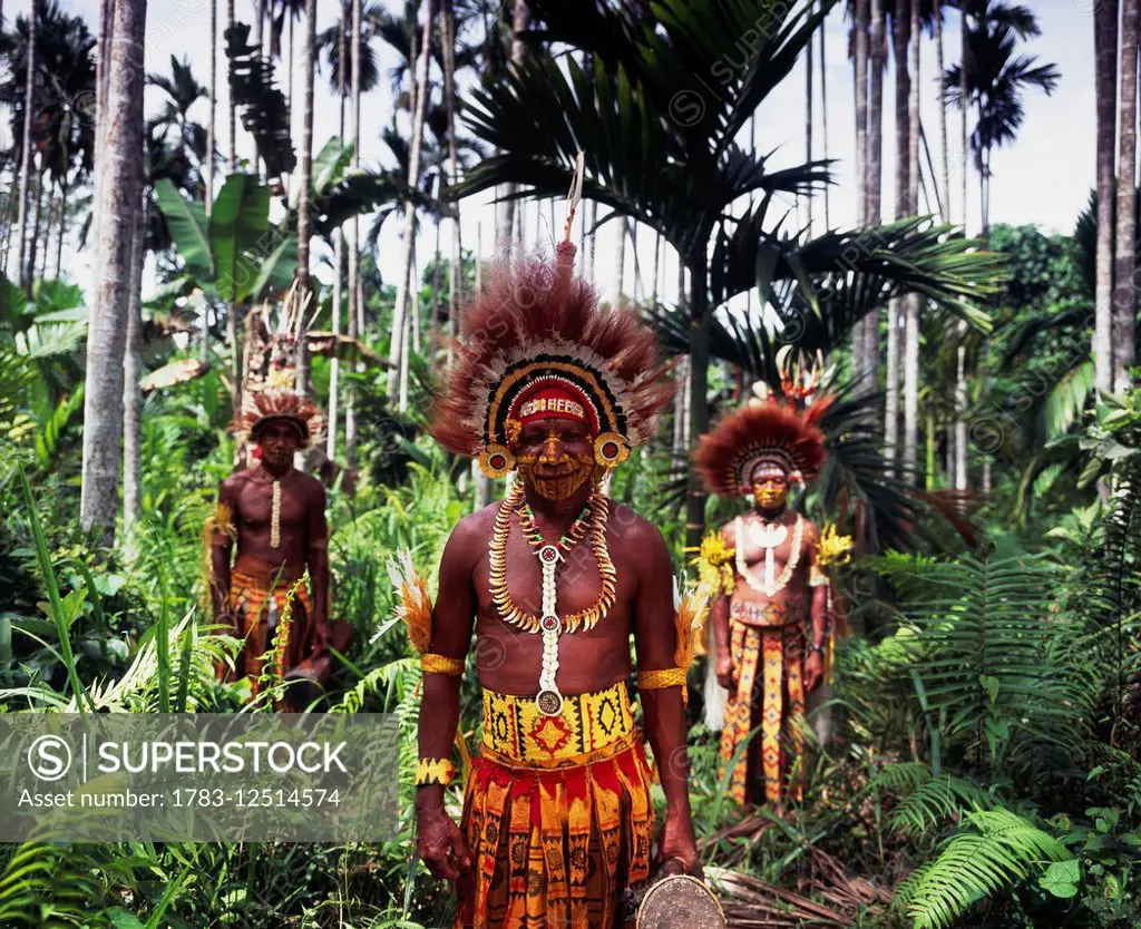 Mekeo tribesmen in traditional attire; Central Province, Papua New Guinea