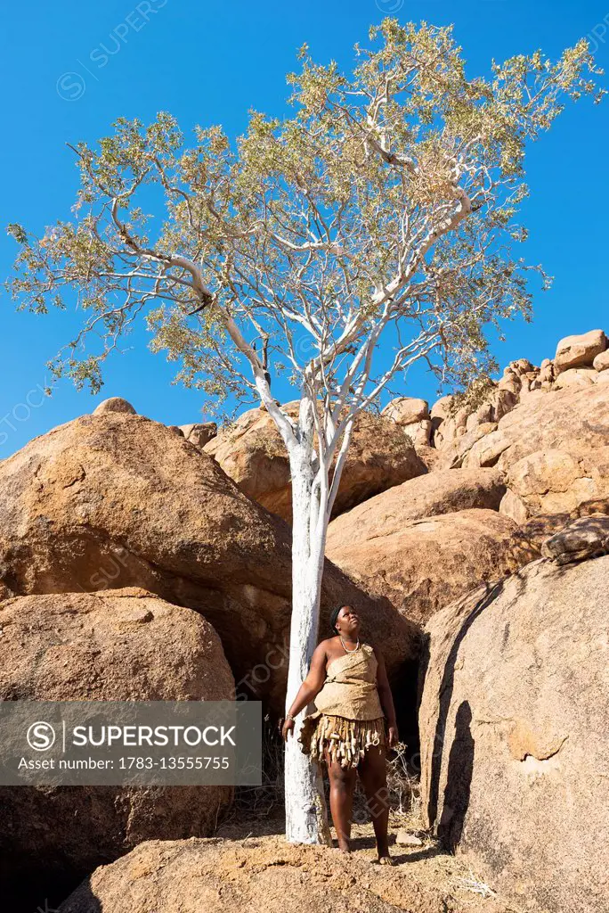 Woman from Damara Tribe in traditional clothes is showing how their ancestors used a tree at the The Living Museum of the Damara; Namibia