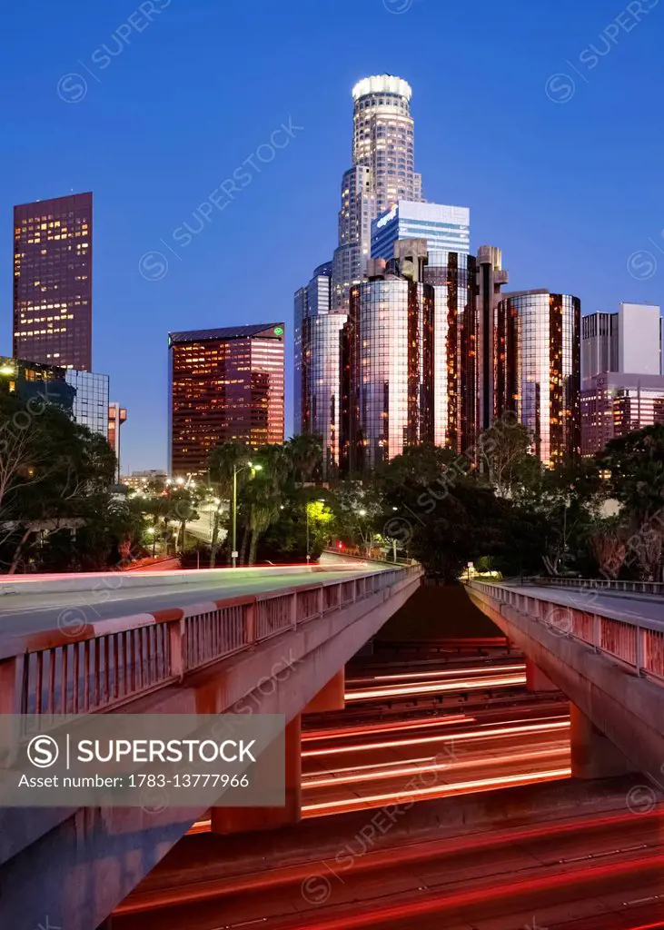 Financial core of Los Angeles at dusk; Los Angeles, California, United States of America