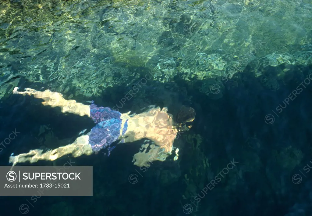 View of male swimmer underwater, Aerial View, Ireland