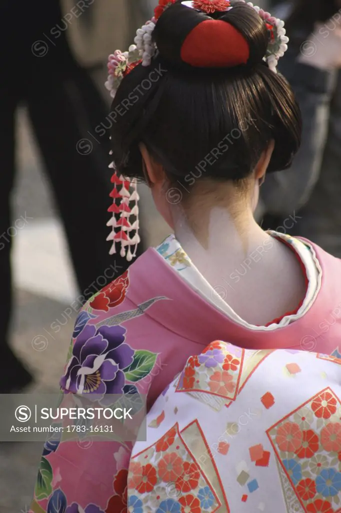 Geisha in kimono, Rear View, Japan