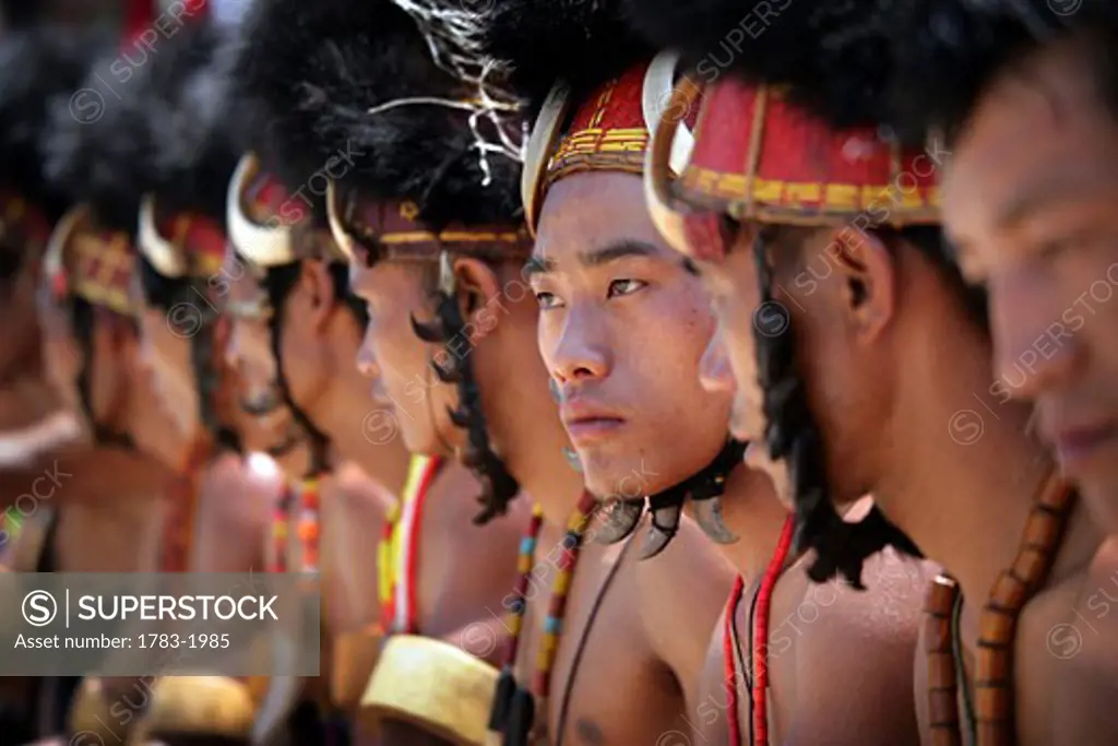 Chang Naga tribe in traditional dress during Moatsu festival of sowing, Chuchuyimlang village, Nagaland , North East Frontier States , India