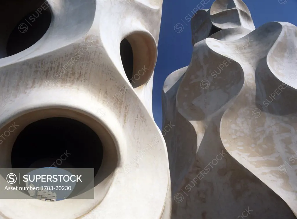 Details of sculptures and chimneys of La Pedrera roof, Barcelona, Spain.