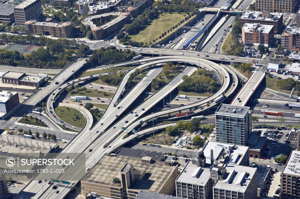 Highway cloverleaf intersection, high angle view, Chicago, Illinois, USA.