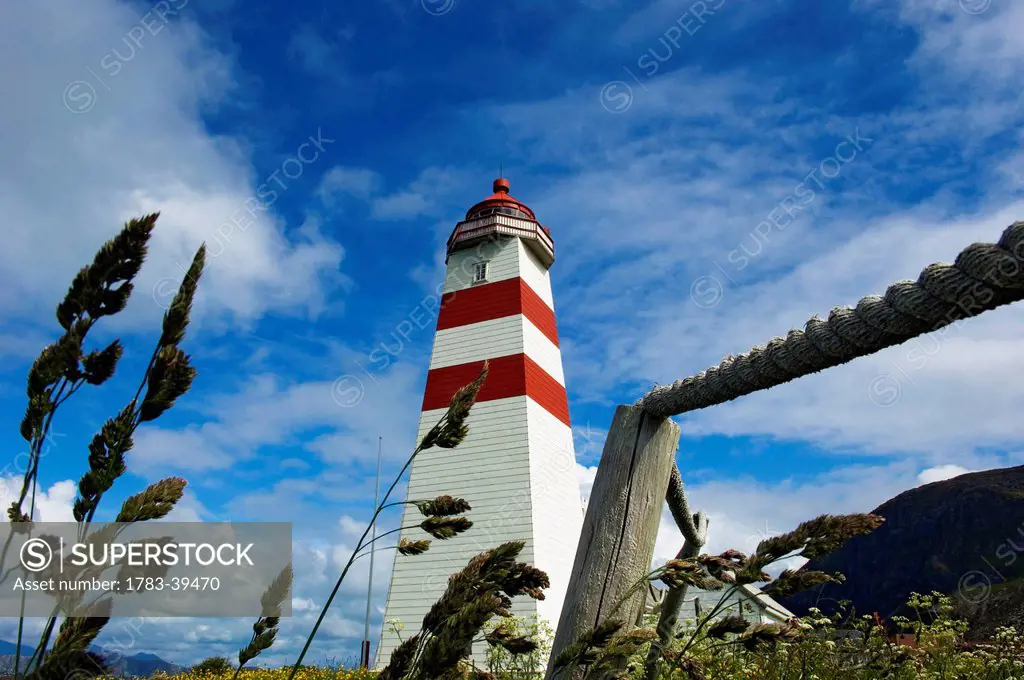 Low angle view of Alnes lighthouse near Alesund; Godoy Island, Moere og Romsdal, Norway