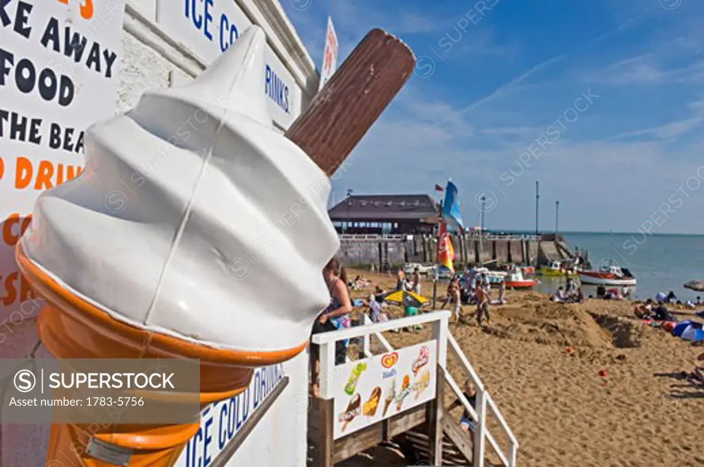 A giant ice-cream outside an ice-cream stall on Broadstairs beach, Kent, England, UK