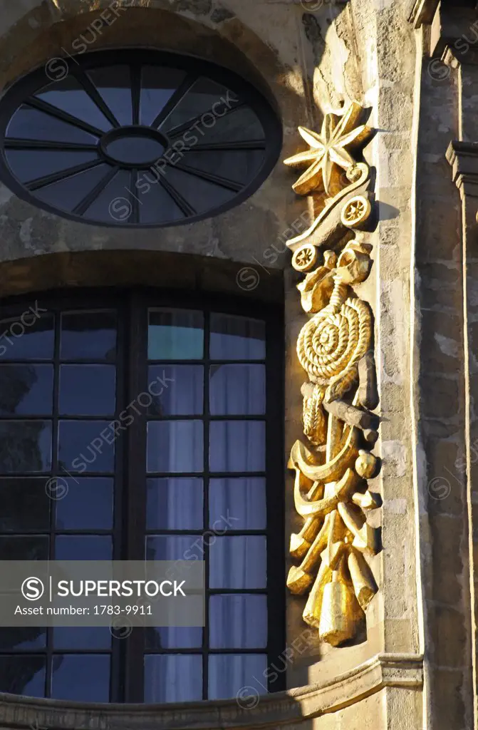 Window of Le Cornet building in the Grand Place, Close Up, Brussels, Belgium