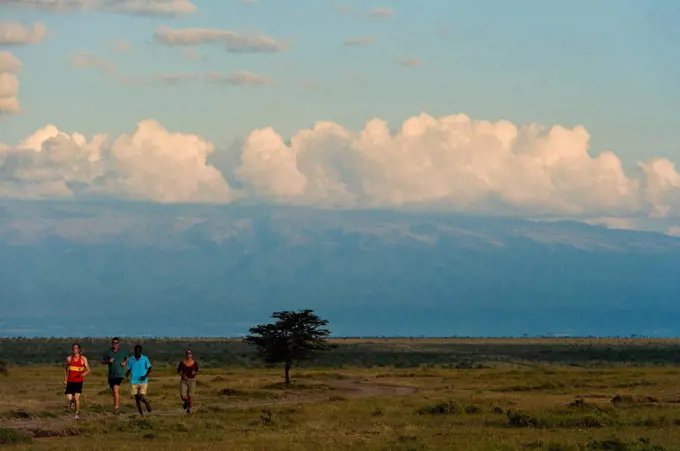 Guide and tourists on run along track with Mt Kenya behind, Ol Pejeta Conservancy; Kenya