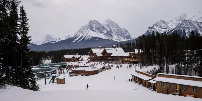 Skiers at a ski resort; Lake Louise, Alberta, Canada