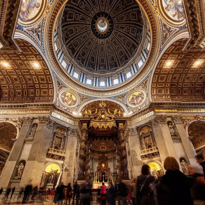 Papal altar and tourists, St. Peter's Basilica; Rome, Italy