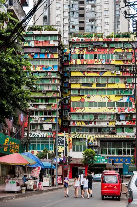 Art neighbourhood surrounding Art University, particular buildings painted in different colours; Chongqing, China