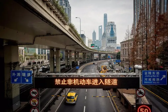 Roads around Nanjing Road and views of Pudong area, Huangpu District; Shanghai, China