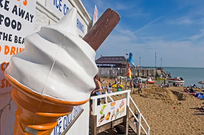 A giant ice-cream outside an ice-cream stall on Broadstairs beach, Kent, England, UK