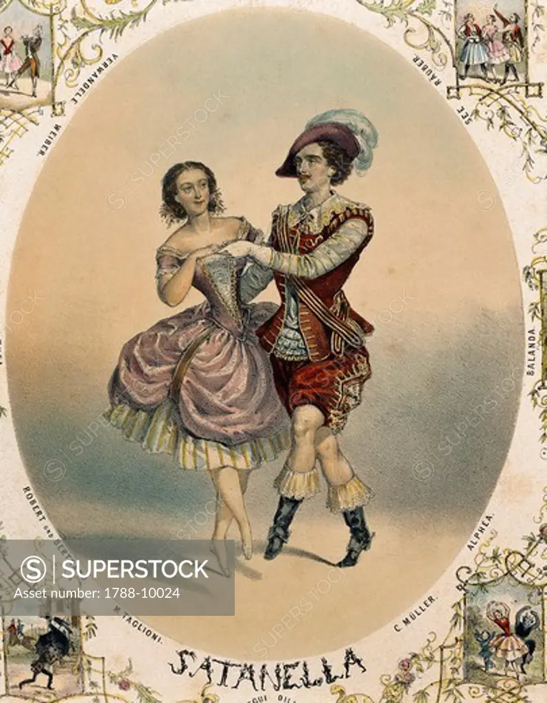 The ballet dancers, Marie Taglioni (1804 - 1884) and Charles Muller performing La Satanella (also known as Le Diable Amoureux or Love and Hell), color engraving