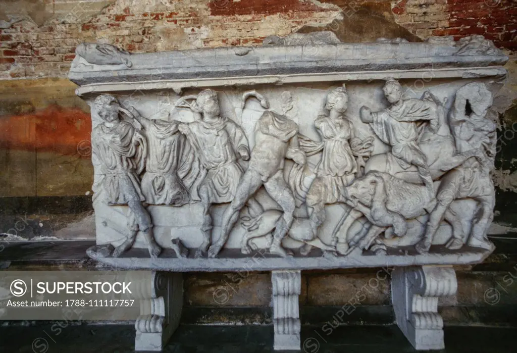 Roman sarcophagus with reliefs depicting Meleager hunting the Calydonian wild boar, Monumental Cemetery of Pisa (UNESCO World Heritage Site, 1987), Tuscany, Italy, Roman civilization, 3rd century.