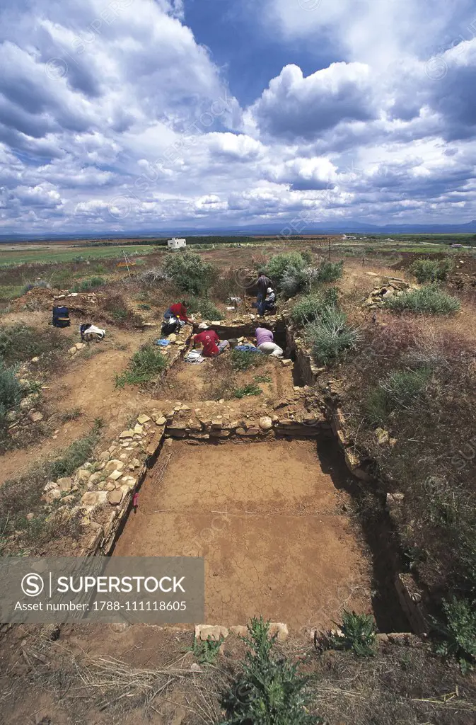 Archaeological excavation at Shields Pueblo, Crow Canyon Archaeological Center, Colorado, United States of America. Anasazi civilization.