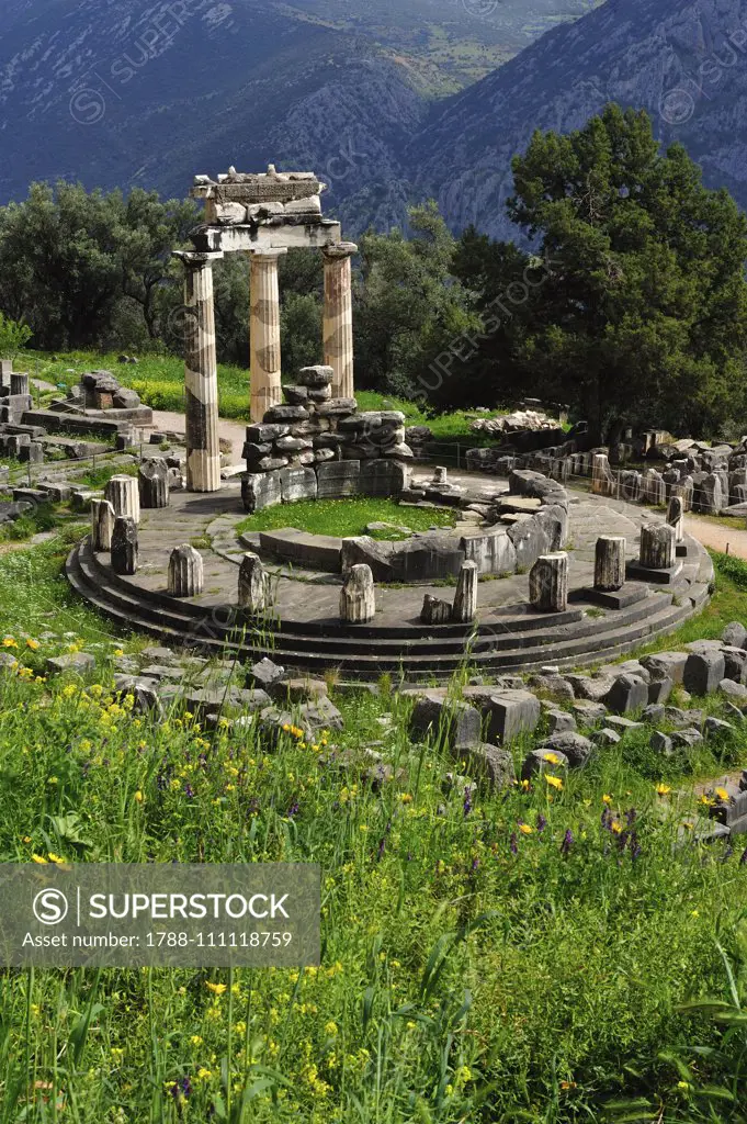 The Tholos, 380-370 BC, Sanctuary of Athena Pronaia, archaeological site of Delphi (UNESCO World Heritage Site, 1987), Greece. Ancient Greek civilization, 4th century BC.