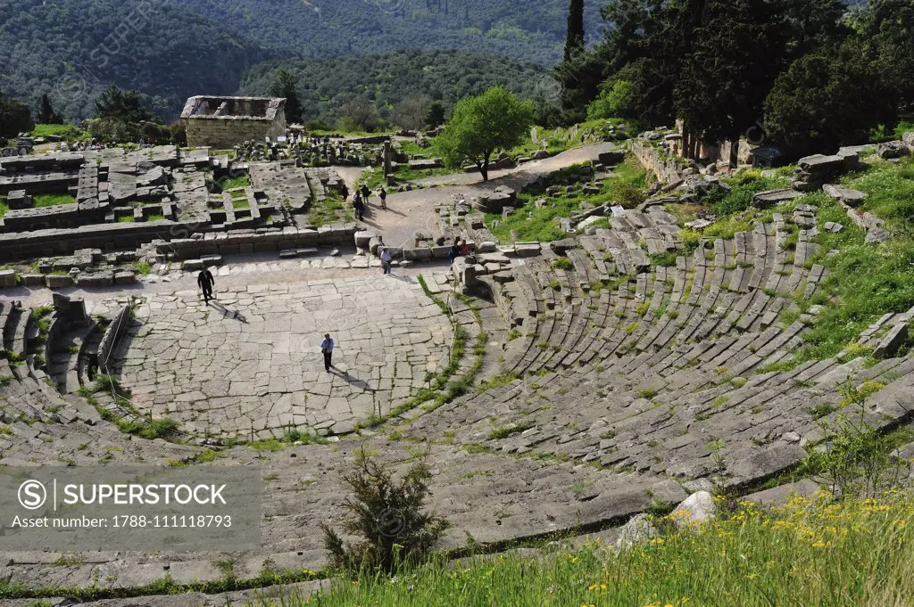 View over the Temple of Apollo and the Athenian Treasury from the Theatre, archaeological site of Delphi (UNESCO World Heritage Site, 1987), Greece. Ancient Greek-Roman civilization, 6th century BC-1st century AD.