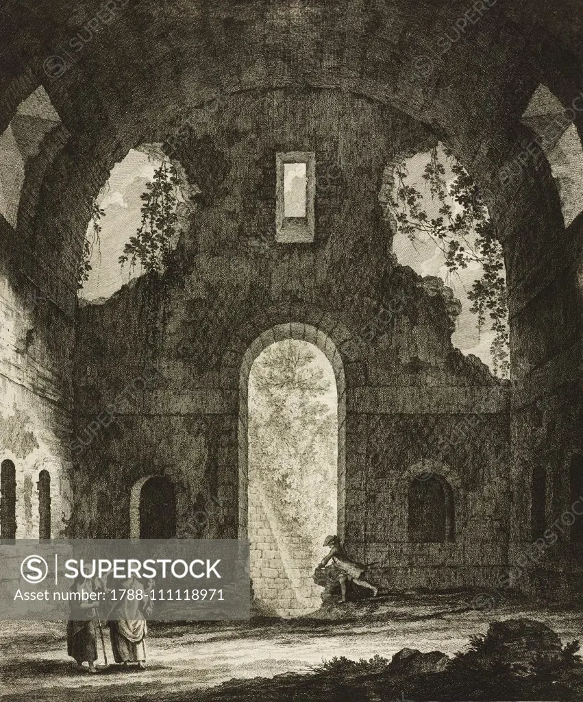 Cutaway view of Virgil's tomb, Roman burial vault, Vergiliano Park in Piedigrotta, Naples, Campania, Italy, engraving by Giovanni Volpato from a drawing by Natali, from Antichita di Pozzuoli - Puteolanae antiquitates (Antiquities of Pozzuoli), by Paolo Antonio Paoli, plate 9, 1768, Naples.