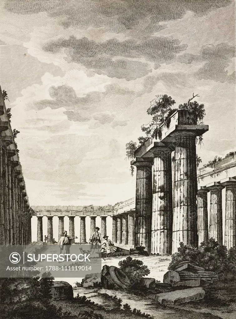 Interior of the Temple of Hera, also known as Basilica, seen from the North, ca 560 BC, Paestum, ancient city in Magna Graecia, 7th century BC, Salerno, Campania, Italy, engraving from The ruins of Paestum, otherwise Posidonia, in Magna Graecia, by Thomas Major, plate 21, 1768, London.