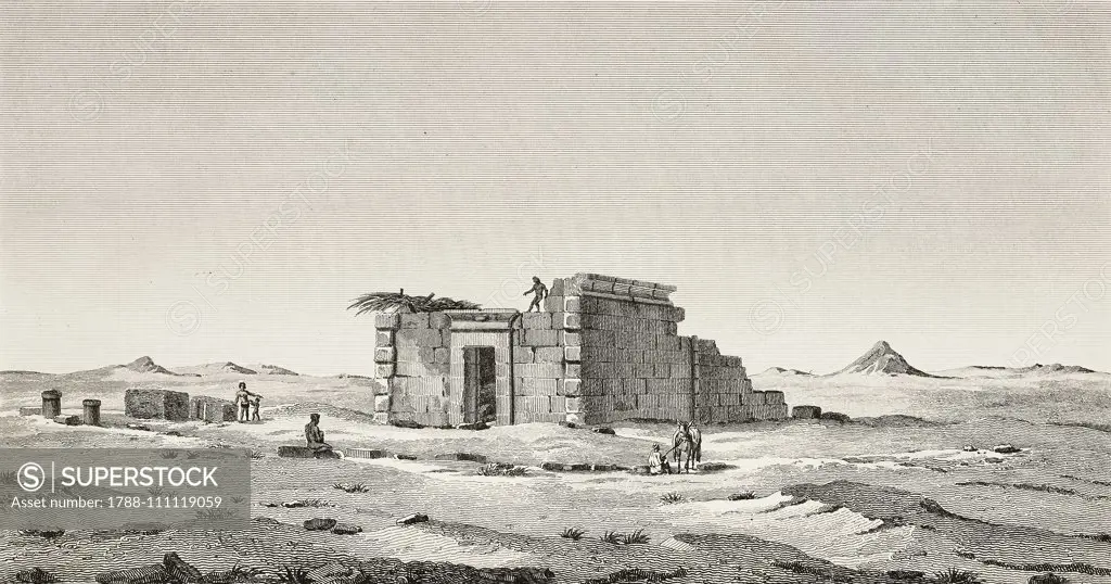 Ruins of a building in Kesseh, Nubia, Egypt, engraving by Baugean, from Antiquites de la Nubie, ou Monumens inedits des bords du Nil (Antiquities of Nubia or Unknown monuments on the banks of the Nile), Plate 39, by Francois-Christian Gau, 1822, Paris.