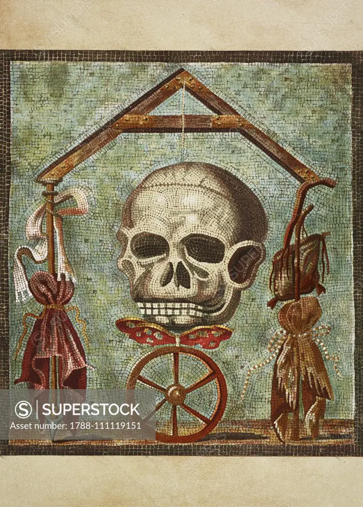 Memento mori, mosaic; in the middle, a skull on a wheel and a butterfly; on the left, the Wealth, on the right, the Poverty, Pompeian house, Pompeii, Campania, Italy, drawing and chromolithograph by Autoriello from Le case ed i monumenti di Pompei (The houses and the monuments of Pompeii), by Fausto and Felice Niccolini, volume II, plate 48, 1854, Naples.