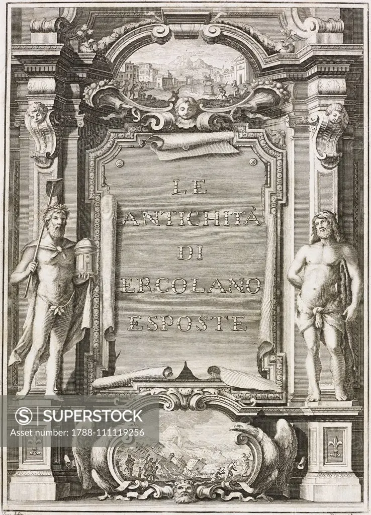 Frontispiece with the book title with two views of Herculaneum just before and after the eruption of 79 AD, Herculaneum, Campania, Italy, drawing and engraving by Francesco and Pietro la Vega, from Le antichita di Ercolano esposte (The antiquities of Herculaneum exposed), Vv.Aa., 1757-1787, Naples.