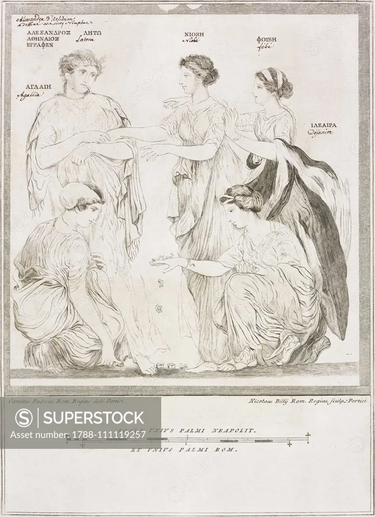 Phoebe encouraging Niobe to reconcile with Leto while Aglaea and Hilearia play knucklebones, Herculaneum, Campania, Italy, engraving by Nicola Billi from a drawing by Paderno, from Le antichita di Ercolano esposte (The antiquities of Herculaneum exposed), Vv.Aa., volume I, plate 1, 1757-1787, Naples.