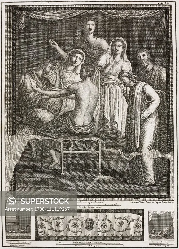 Orestes, Iphigenia and Pylades in the Temple of Artemis to steel the goddess statue, Herculaneum, Campania, Italy, engraving by Nicola Vanni from a drawing by la Vega, from Le antichita di Ercolano esposte (The antiquities of Herculaneum exposed), Vv.Aa., volume I, plate 11, 1757-1787, Naples.