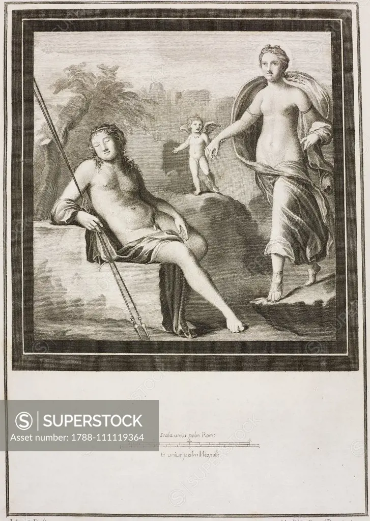 Endymion and the Moon: the Moon getting closer to a sleeping Endymion led by the hand by Cupid, Herculaneum, Campania, Italy, engraving by Nicola Billi from a drawing by Vanni, from Le antichita di Ercolano esposte (The antiquities of Herculaneum exposed), Vv.Aa., volume III, plate 3, 1757-1787, Naples.