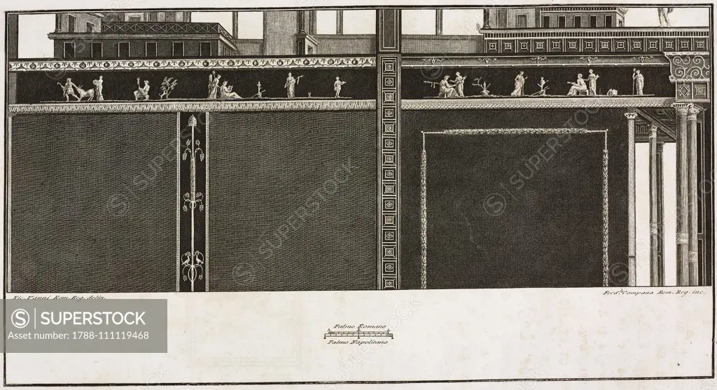 Fake architecture with frieze depicting Bacchic festivals or Bacchanalia, festivals of Bacchus, Herculaneum, Campania, Italy, engraving from a drawing by Vanni, from Le antichita di Ercolano esposte (The antiquities of Herculaneum exposed), Vv.Aa., volume IV, plate 46, 1757-1787, Naples.