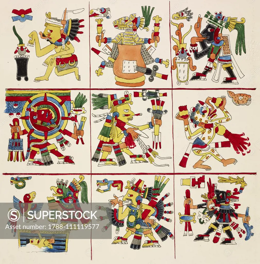 Ancient Mexican paintings and hieroglyphics, by Augustine Aglio, color print from Antiquities of Mexico: comprising fac-similes of ancient Mexican paintings and hieroglyphics, by Edward King Kingsborough, volume III, 1831-1848, London.